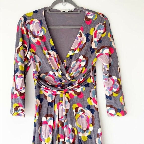 Boden Gray Floral Drapey Jersey Dress 3/4 Sleeves - Picture 3 of 11
